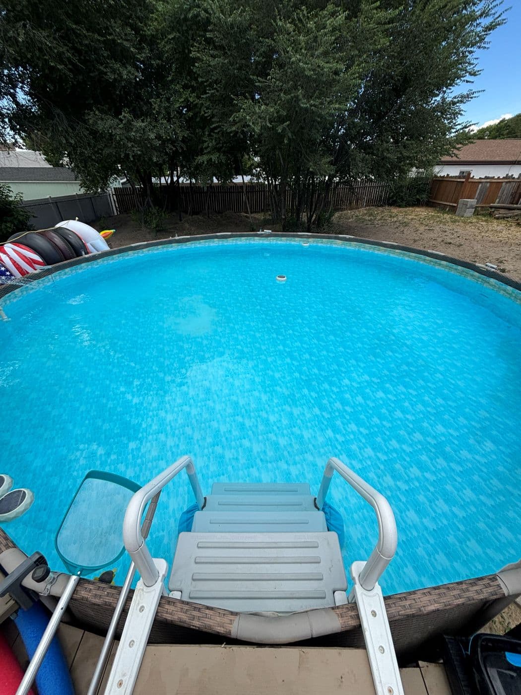 Round above ground pool with clear light blue water and a ladder