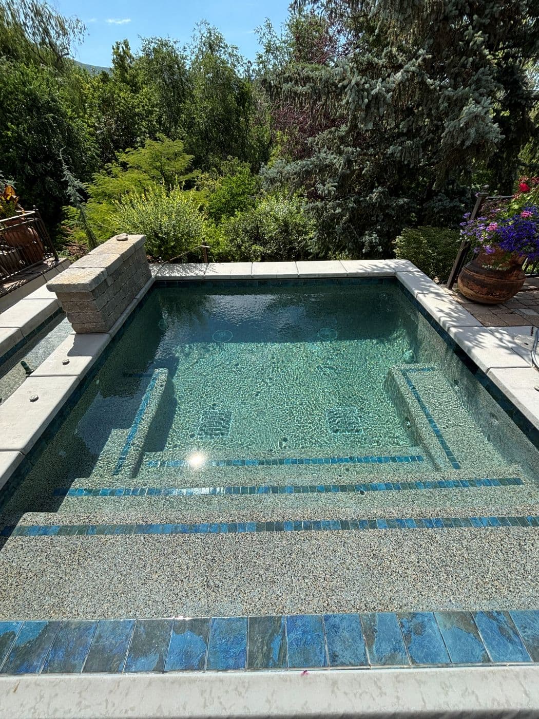 Overhead view of pool steps and a tanning ledge with a pebble finish