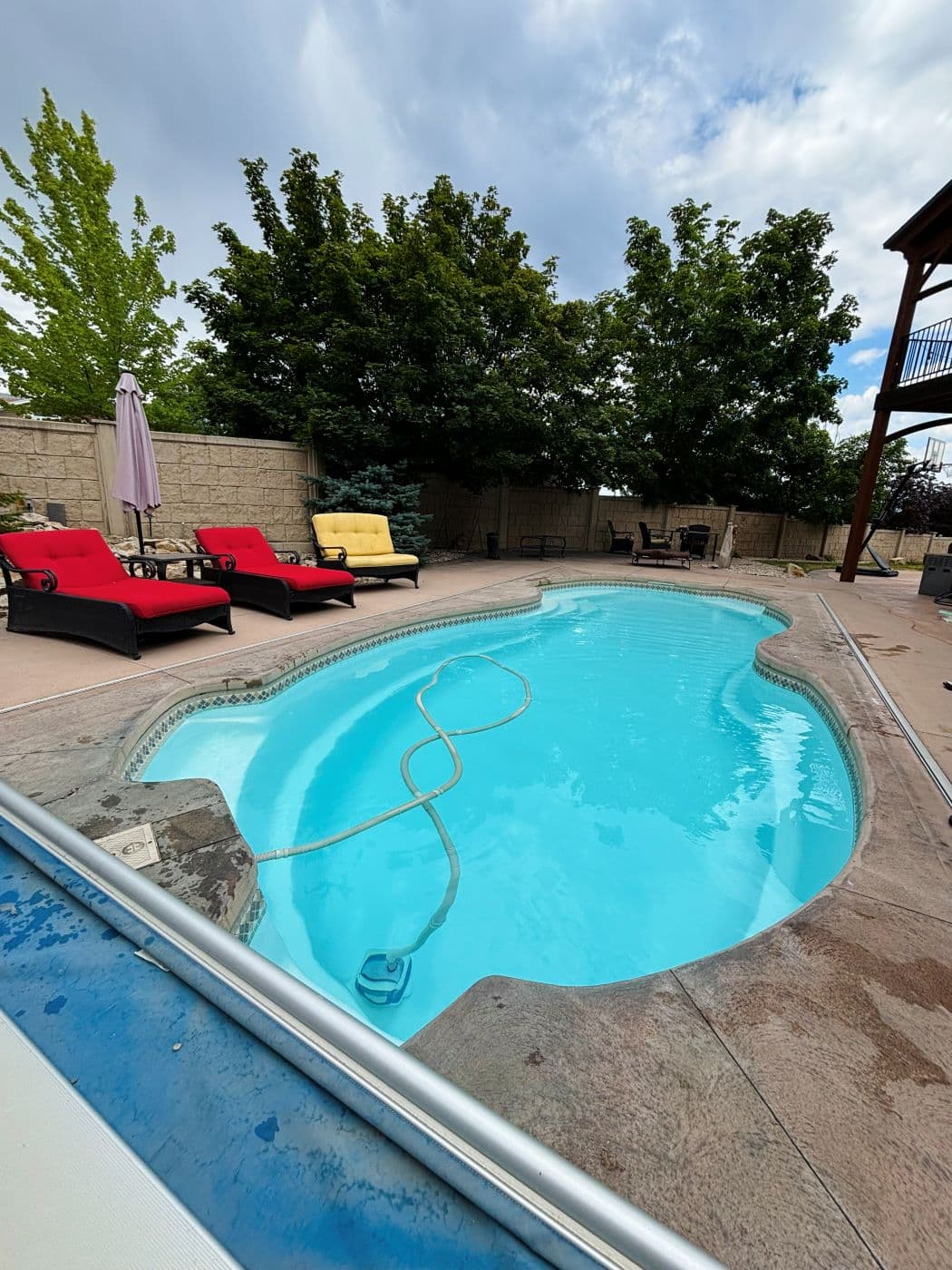 Kidney shaped pool with the robot vacuum left running after a service visit